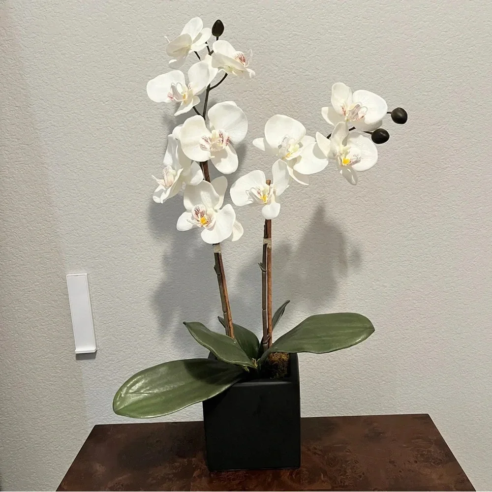 White‎ Faux Orchid Artificial Flowers with Vase Faux Plant Floral for Home Decor
